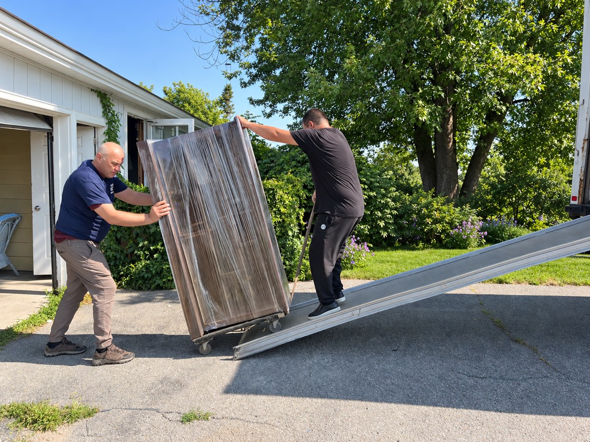 Easy Moving crew loading a wrapped upright piano onto a truck ramp